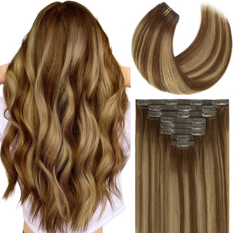 Caliee Balayage Clip in Hair Extensions Real Human Hair Fluffy Not Tangled Seamless Hair Extensions Clip in Human Hair 20 Inch 115G 8Pcs R4427 Chocolate Brown to Caramel Blonde Hair